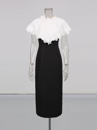 Black Midi Dress with White Lace Capelet Set - SISPELL