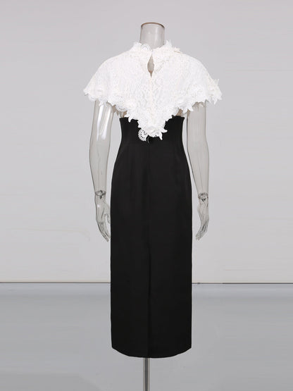 Black Midi Dress with White Lace Capelet Set - SISPELL