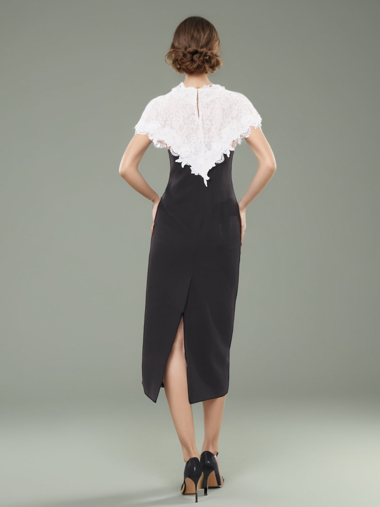 Black Midi Dress with White Lace Capelet Set - SISPELL