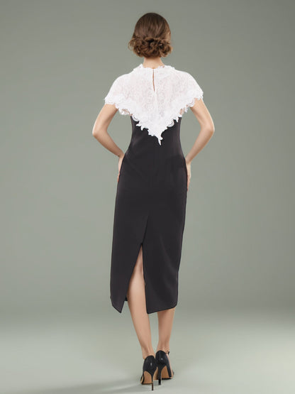 Black Midi Dress with White Lace Capelet Set - SISPELL