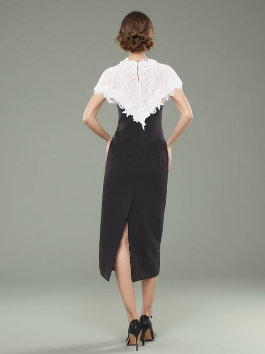 Black Midi Dress with White Lace Capelet Set - SISPELL
