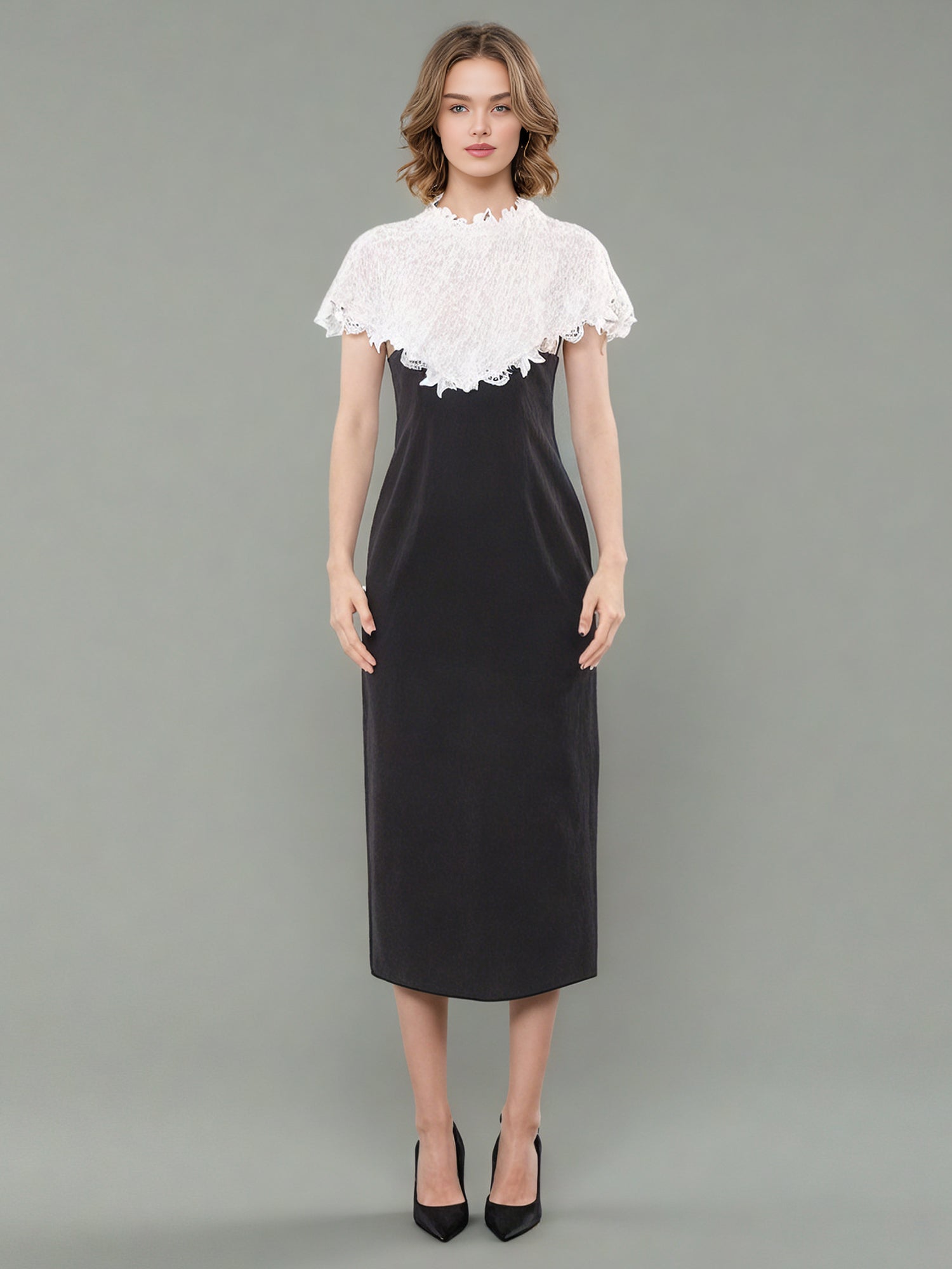 Black Midi Dress with White Lace Capelet Set - SISPELL