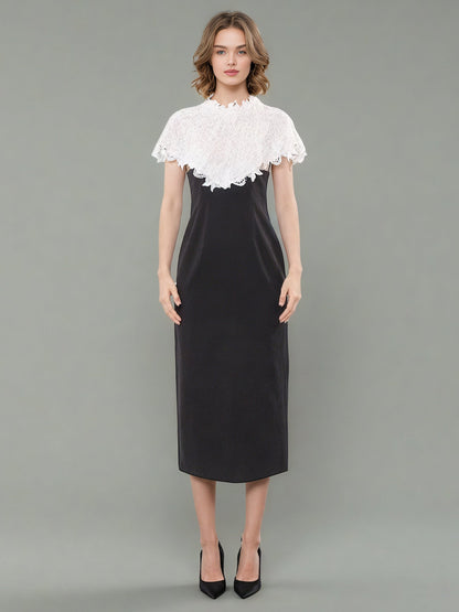 Black Midi Dress with White Lace Capelet Set - SISPELL