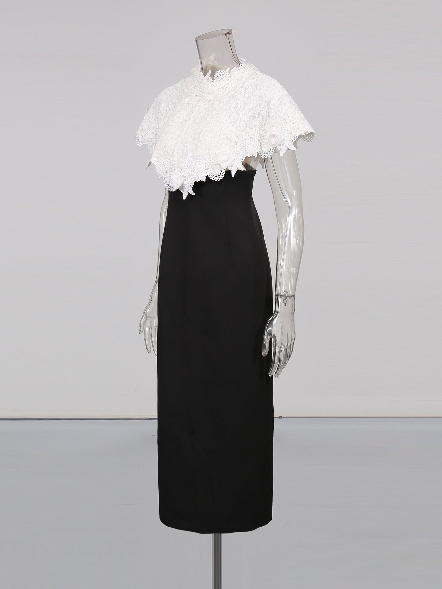 Black Midi Dress with White Lace Capelet Set - SISPELL