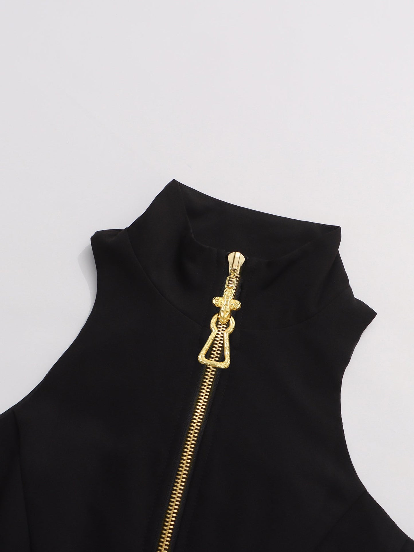 Black Mini Dress with Gold Zipper & High Neck - SISPELL