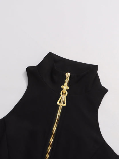 Black Mini Dress with Gold Zipper & High Neck - SISPELL
