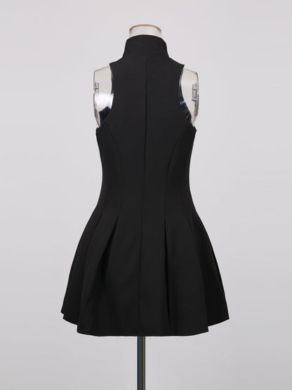 Black Mini Dress with Gold Zipper & High Neck - SISPELL