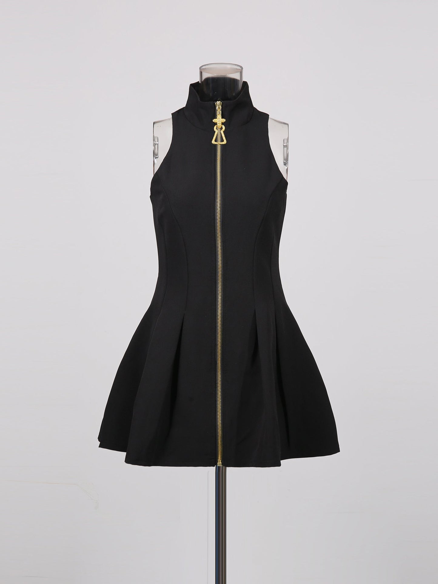 Black Mini Dress with Gold Zipper & High Neck - SISPELL