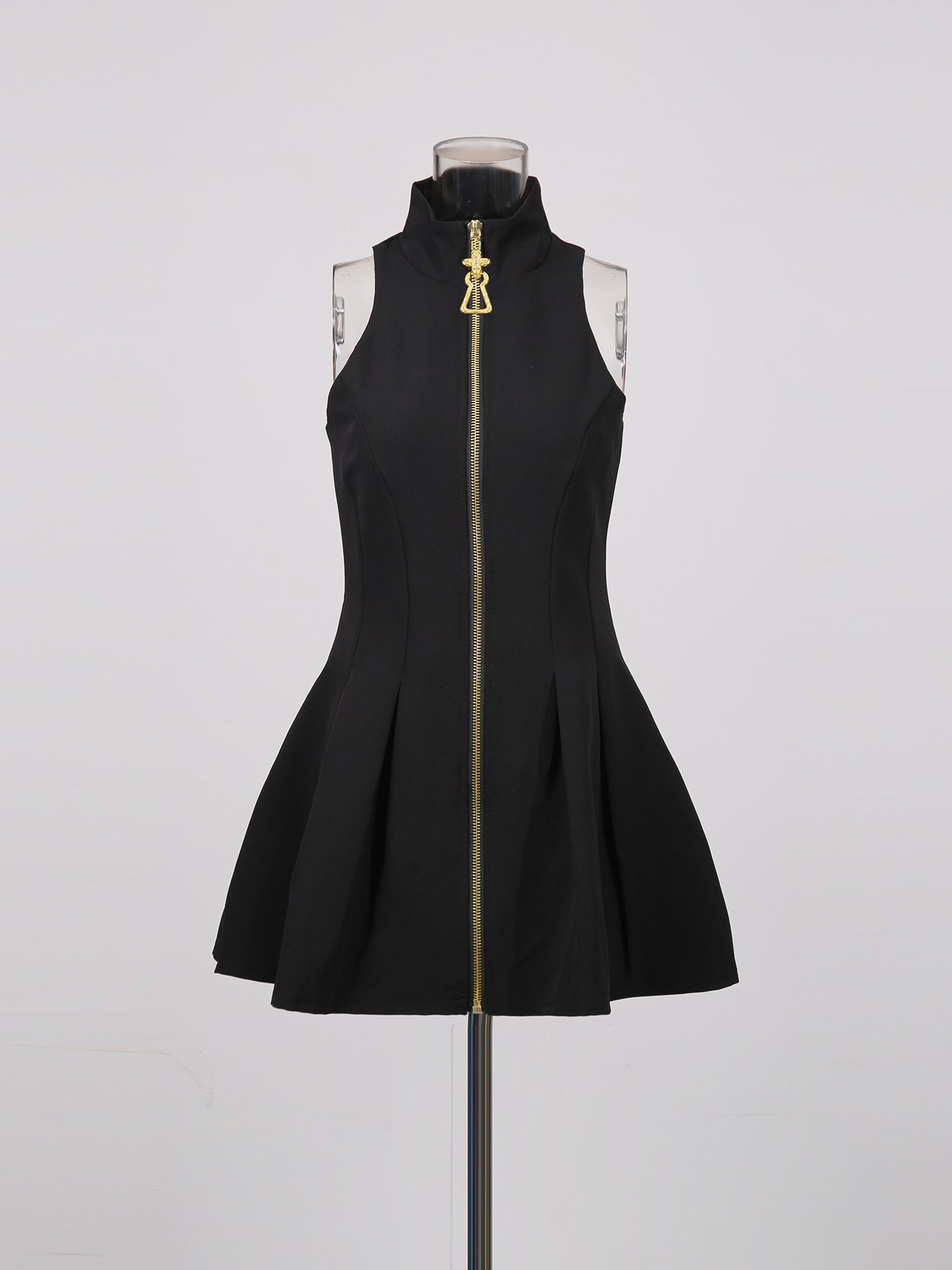 Black Mini Dress with Gold Zipper & High Neck - SISPELL