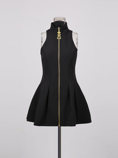 Black Mini Dress with Gold Zipper & High Neck - SISPELL