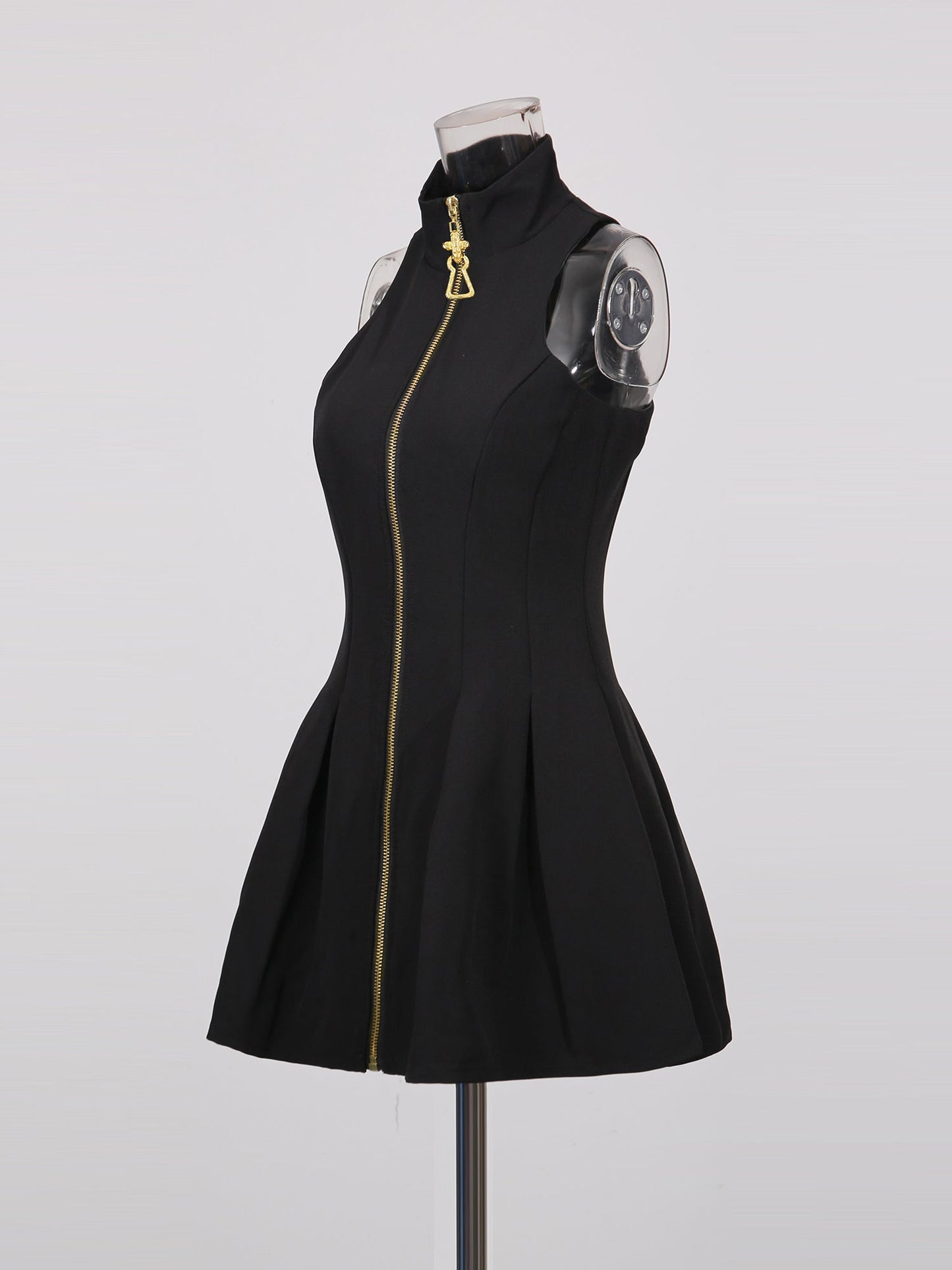 Black Mini Dress with Gold Zipper & High Neck - SISPELL