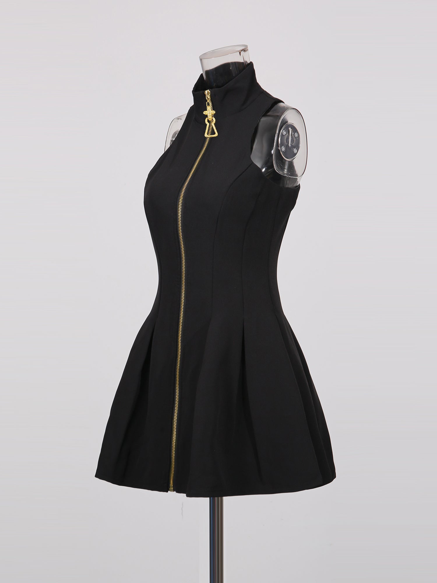 Black Mini Dress with Gold Zipper & High Neck - SISPELL