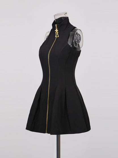 Black Mini Dress with Gold Zipper & High Neck - SISPELL