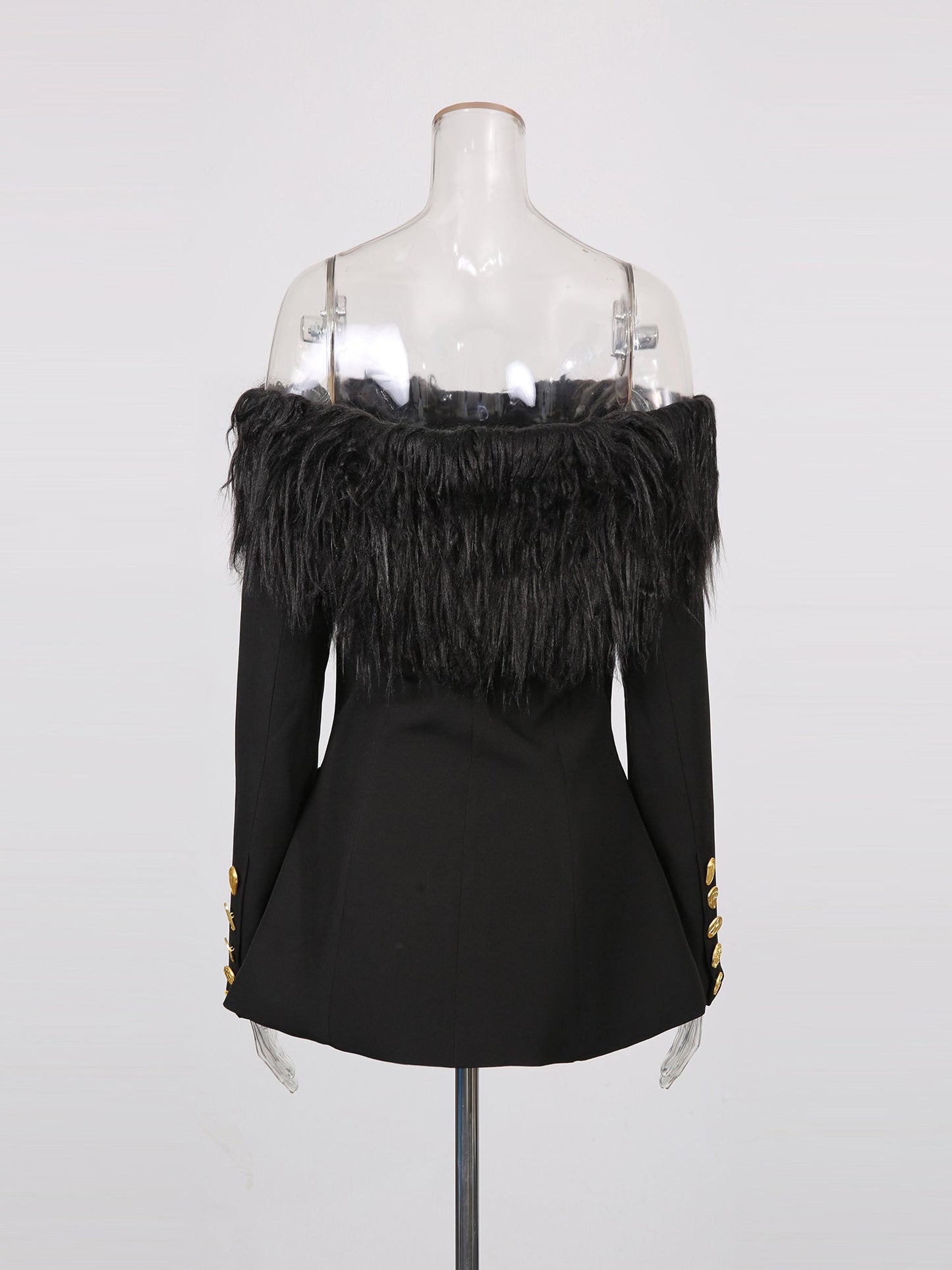 Black Off - Shoulder Feather - Trimmed Jacket with Gold Buttons - SISPELL