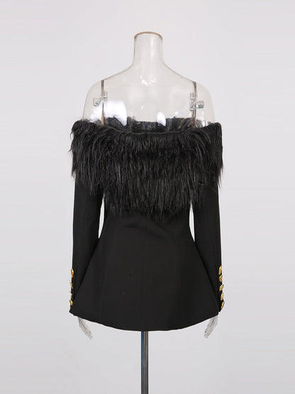 Black Off - Shoulder Feather - Trimmed Jacket with Gold Buttons - SISPELL