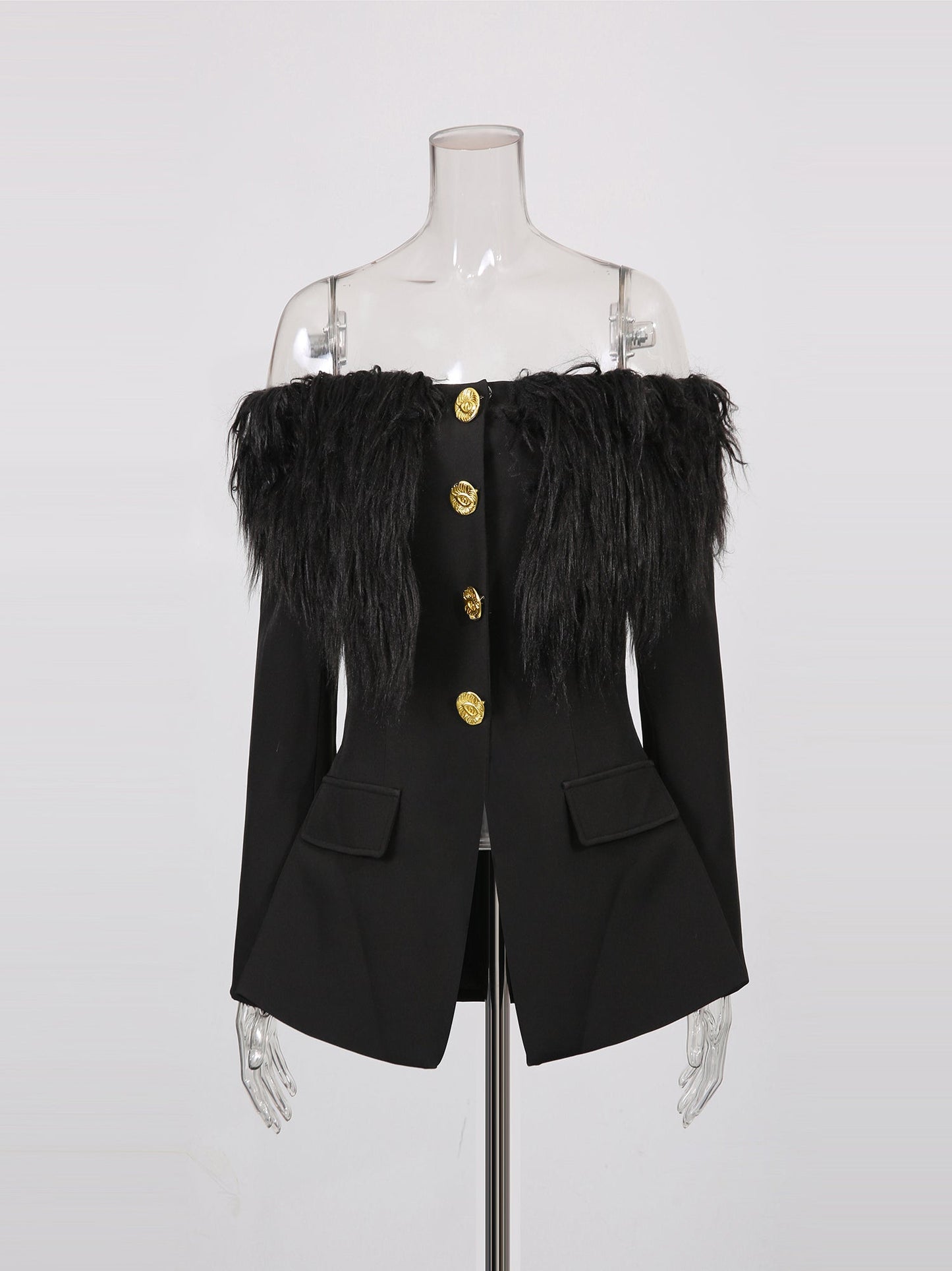 Black Off - Shoulder Feather - Trimmed Jacket with Gold Buttons - SISPELL