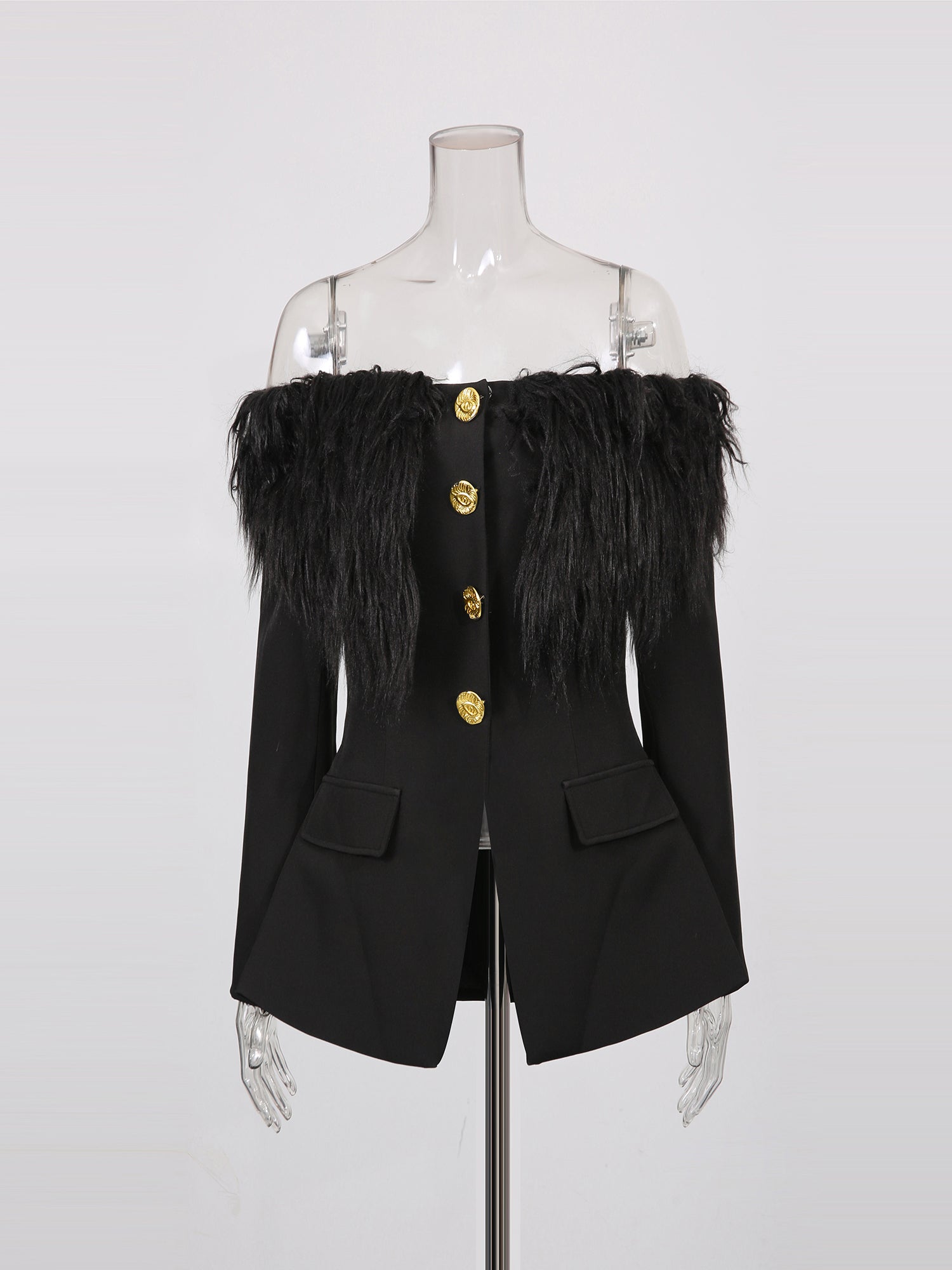 Black Off - Shoulder Feather - Trimmed Jacket with Gold Buttons - SISPELL