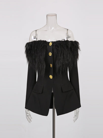 Black Off - Shoulder Feather - Trimmed Jacket with Gold Buttons - SISPELL