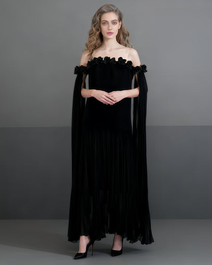 Black Off - Shoulder Pleated Floral Maxi Dress - SISPELL