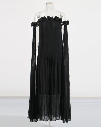 Black Off - Shoulder Pleated Floral Maxi Dress - SISPELL