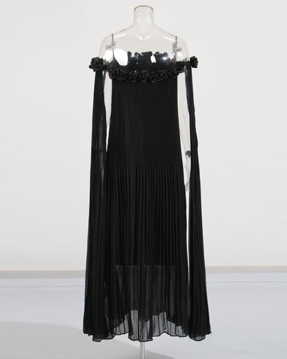 Black Off - Shoulder Pleated Floral Maxi Dress - SISPELL