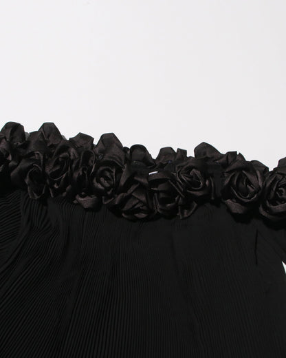 Black Off - Shoulder Pleated Floral Maxi Dress - SISPELL