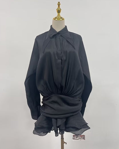 Black Oversized Collar Ruffled Blouse Dress - SISPELL
