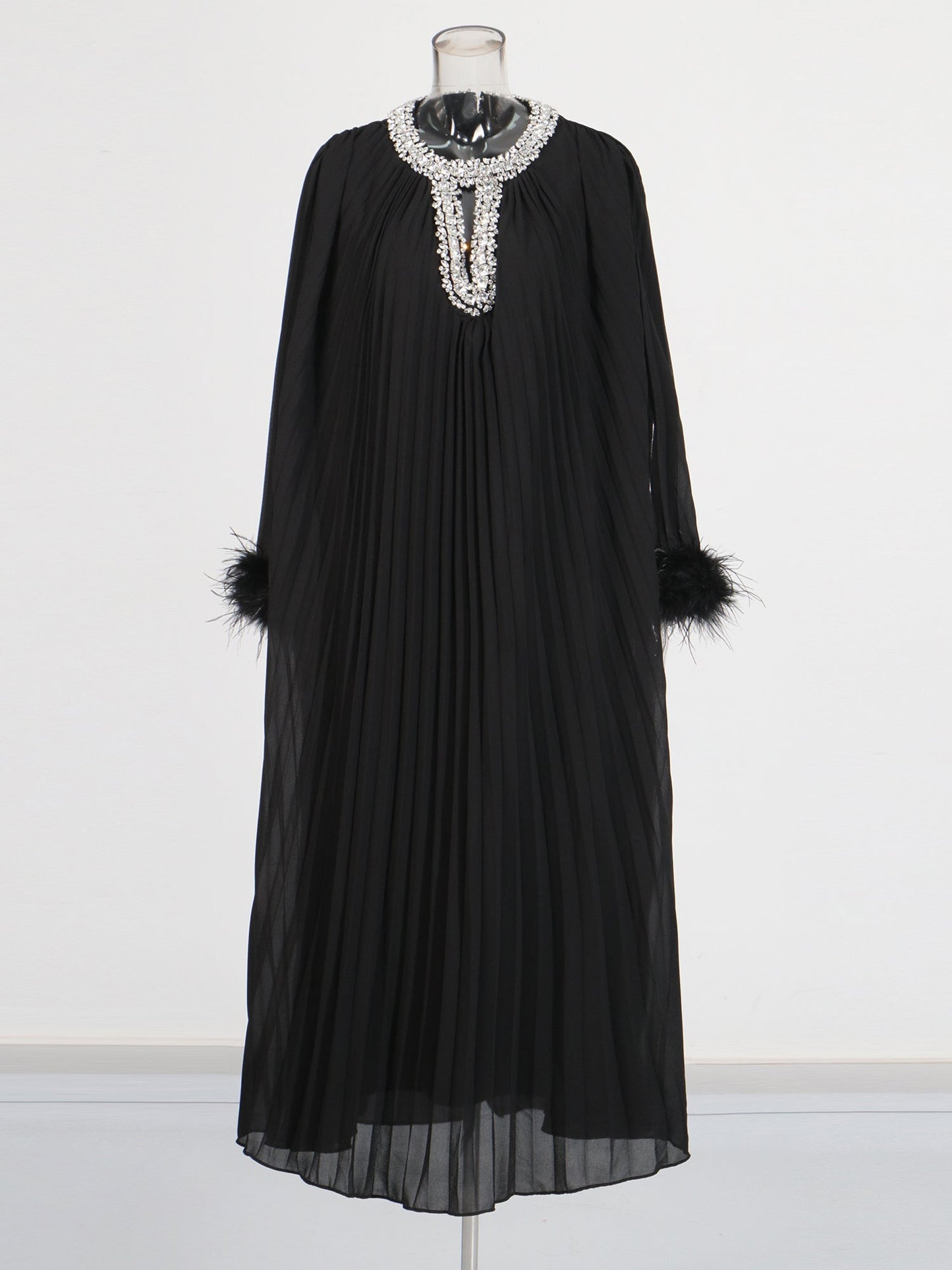 Black Pleated Maxi Dress with Crystal & Feather Details - SISPELL