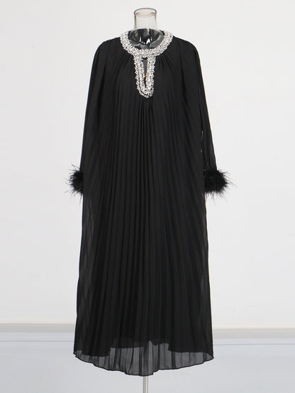 Black Pleated Maxi Dress with Crystal & Feather Details - SISPELL