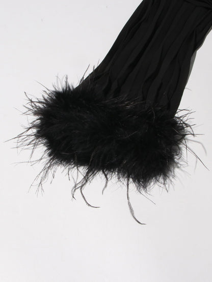 Black Pleated Maxi Dress with Crystal & Feather Details - SISPELL