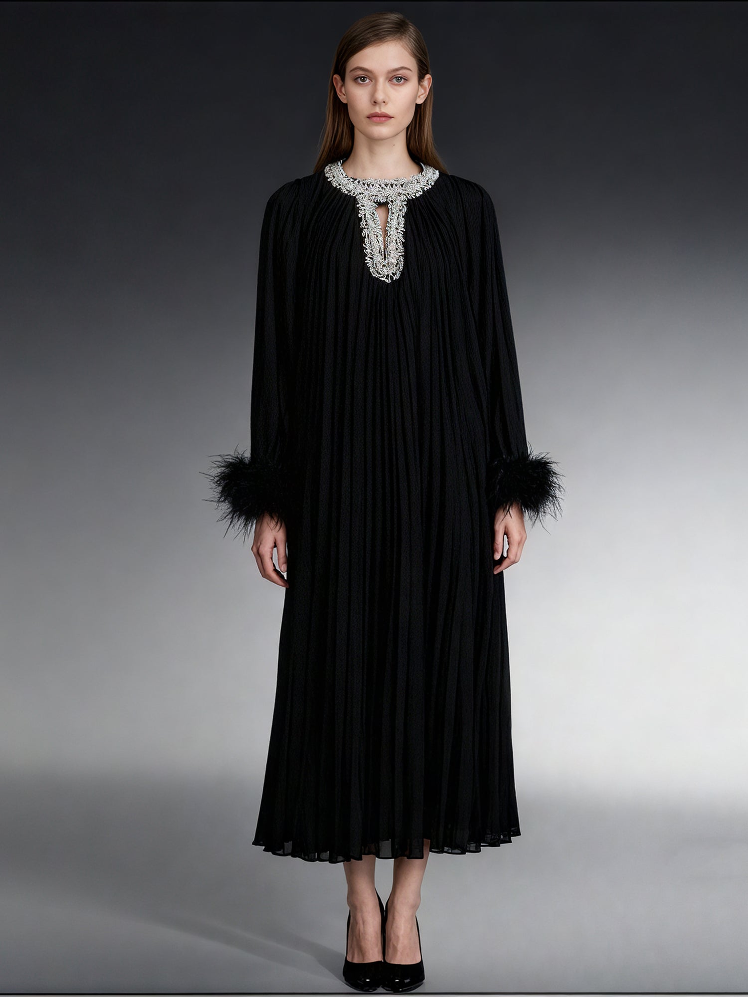 Black Pleated Maxi Dress with Crystal & Feather Details - SISPELL