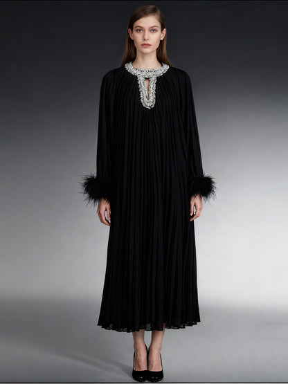 Black Pleated Maxi Dress with Crystal & Feather Details - SISPELL
