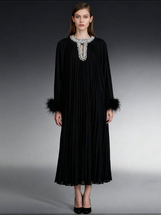 Black Pleated Maxi Dress with Crystal & Feather Details - SISPELL