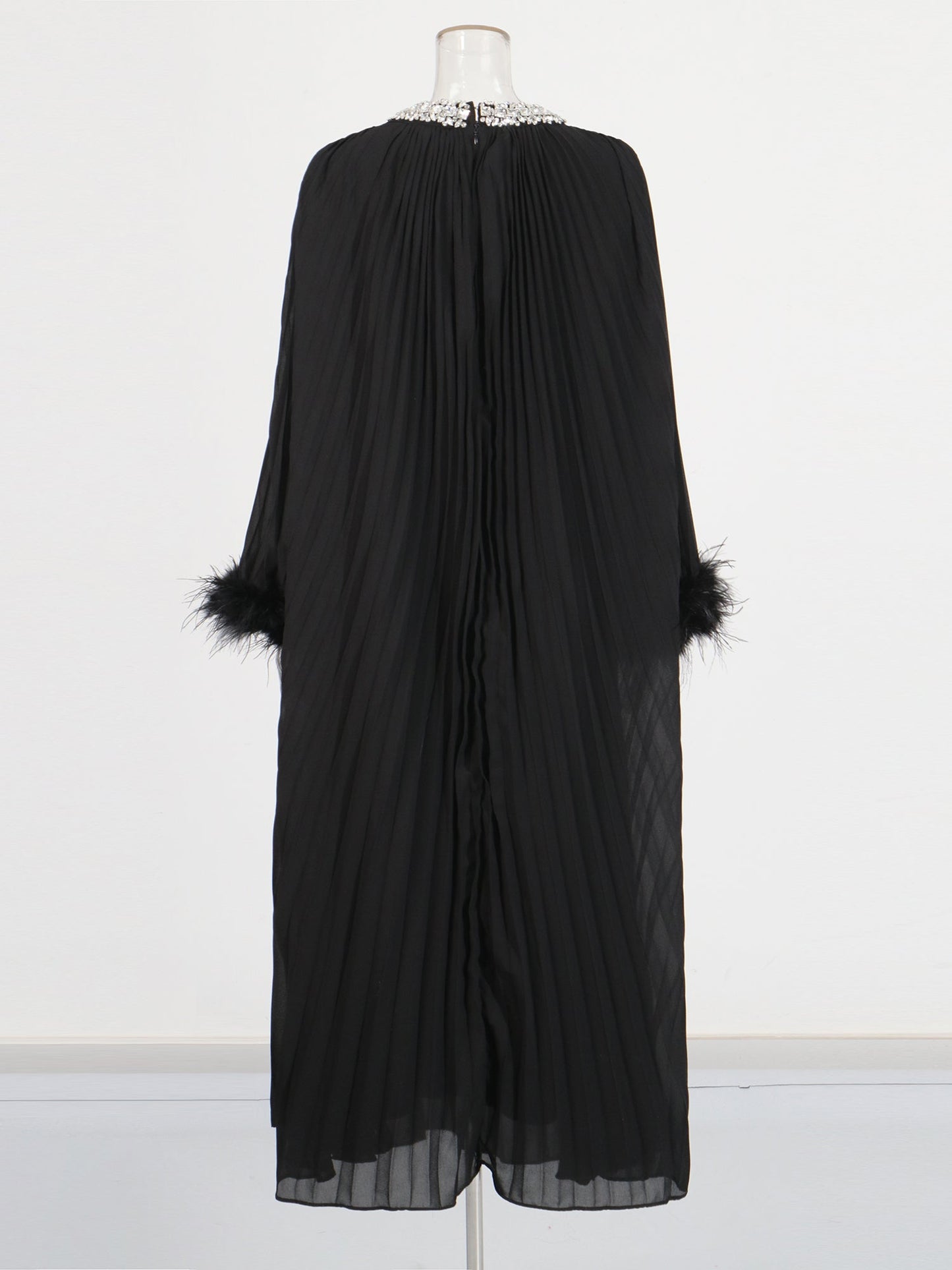 Black Pleated Maxi Dress with Crystal & Feather Details - SISPELL