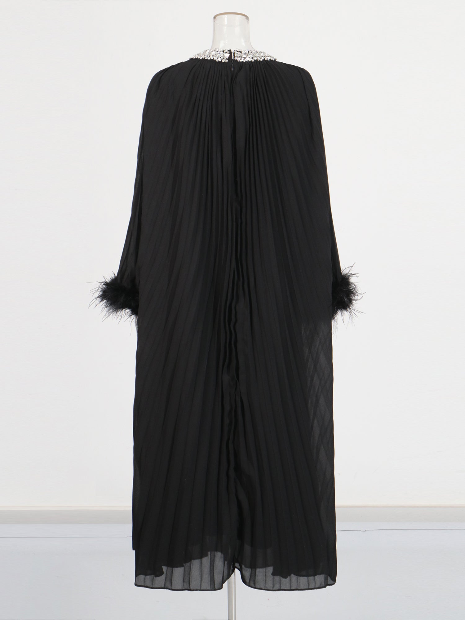 Black Pleated Maxi Dress with Crystal & Feather Details - SISPELL