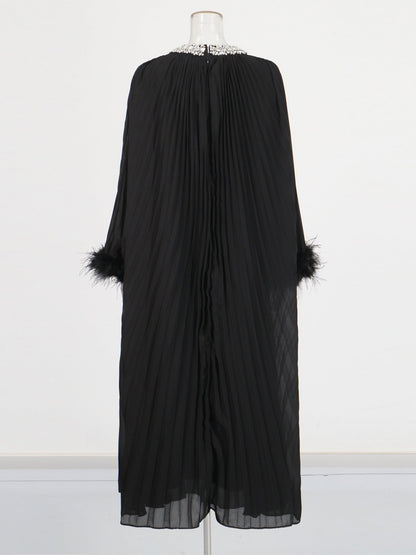 Black Pleated Maxi Dress with Crystal & Feather Details - SISPELL