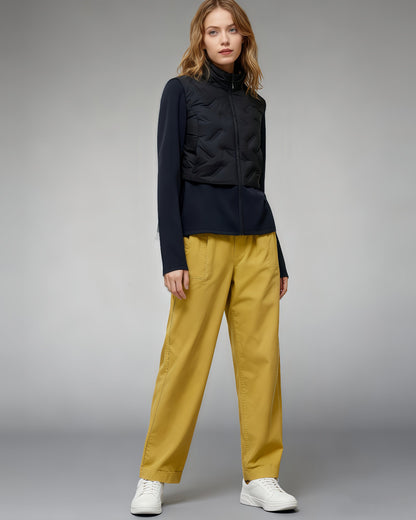 Black Quilted Zip - Up Down Jacket with Drawstring Waist - SISPELL