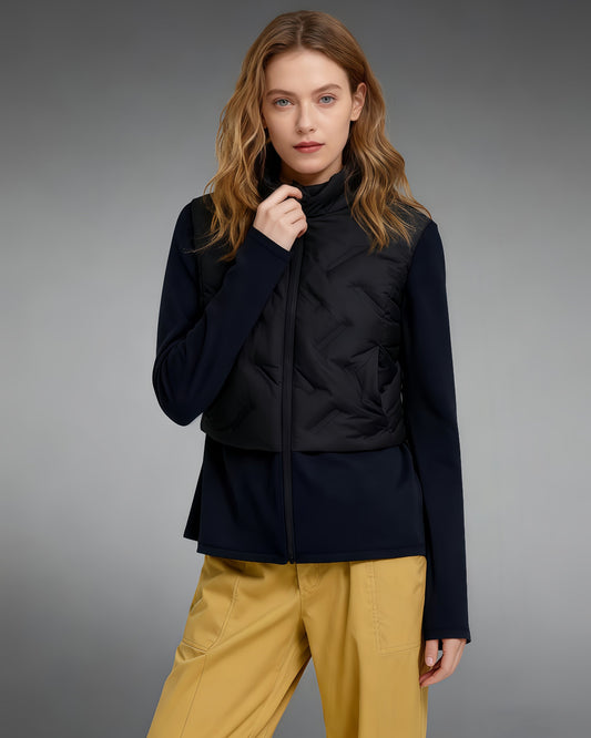Black Quilted Zip - Up Down Jacket with Drawstring Waist - SISPELL
