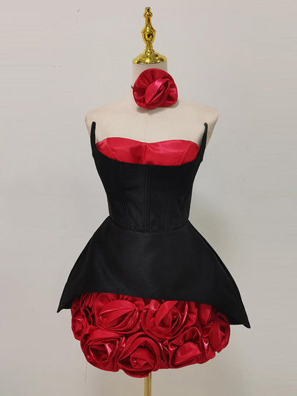 Black & Red Rose Appliqué Strapless Mini Dress - SISPELL