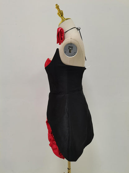 Black & Red Rose Appliqué Strapless Mini Dress - SISPELL