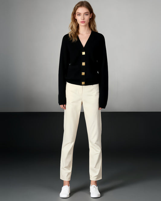 Black Ribbed Cardigan with Ornate Gold Buttons - SISPELL