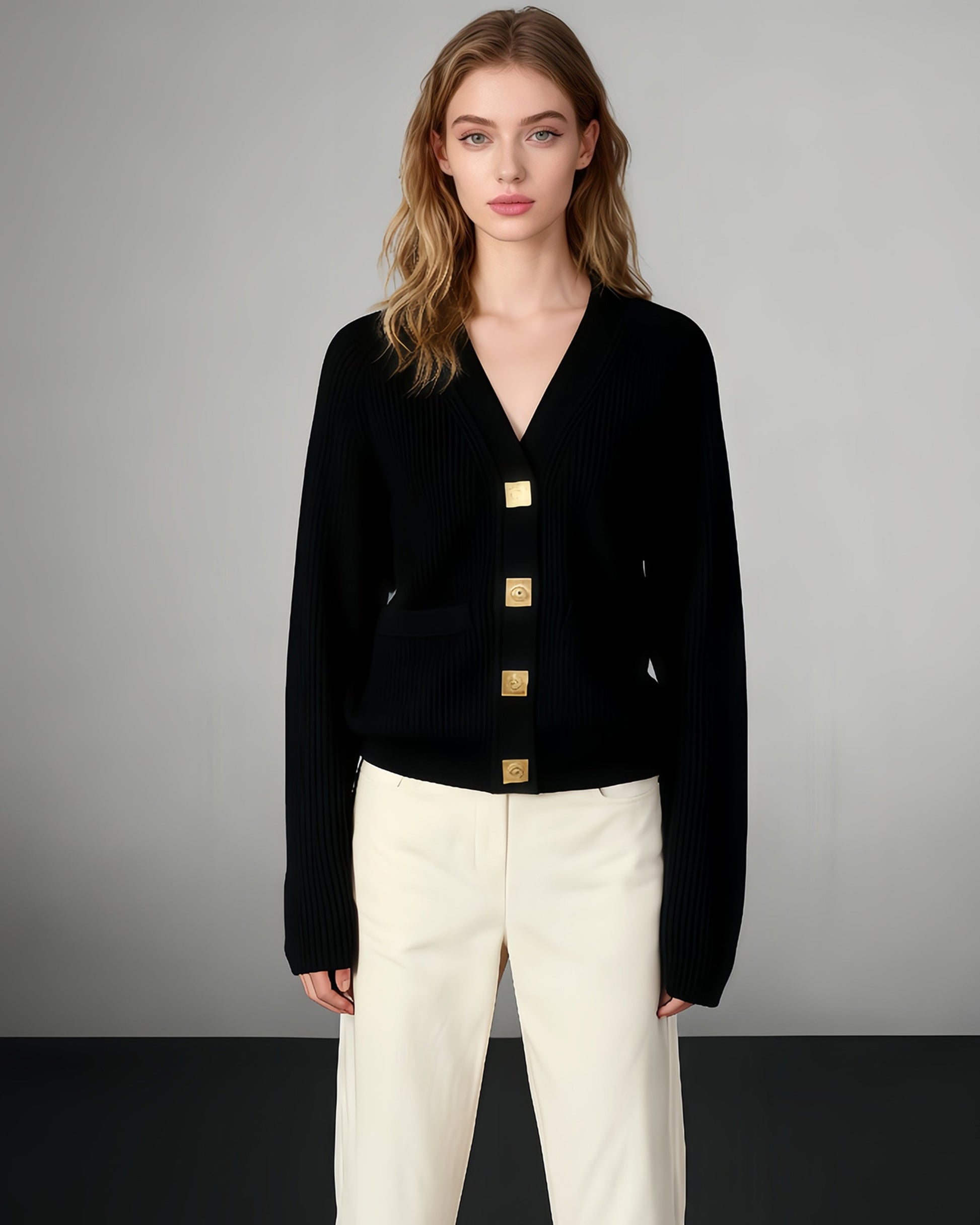 Black Ribbed Cardigan with Ornate Gold Buttons - SISPELL