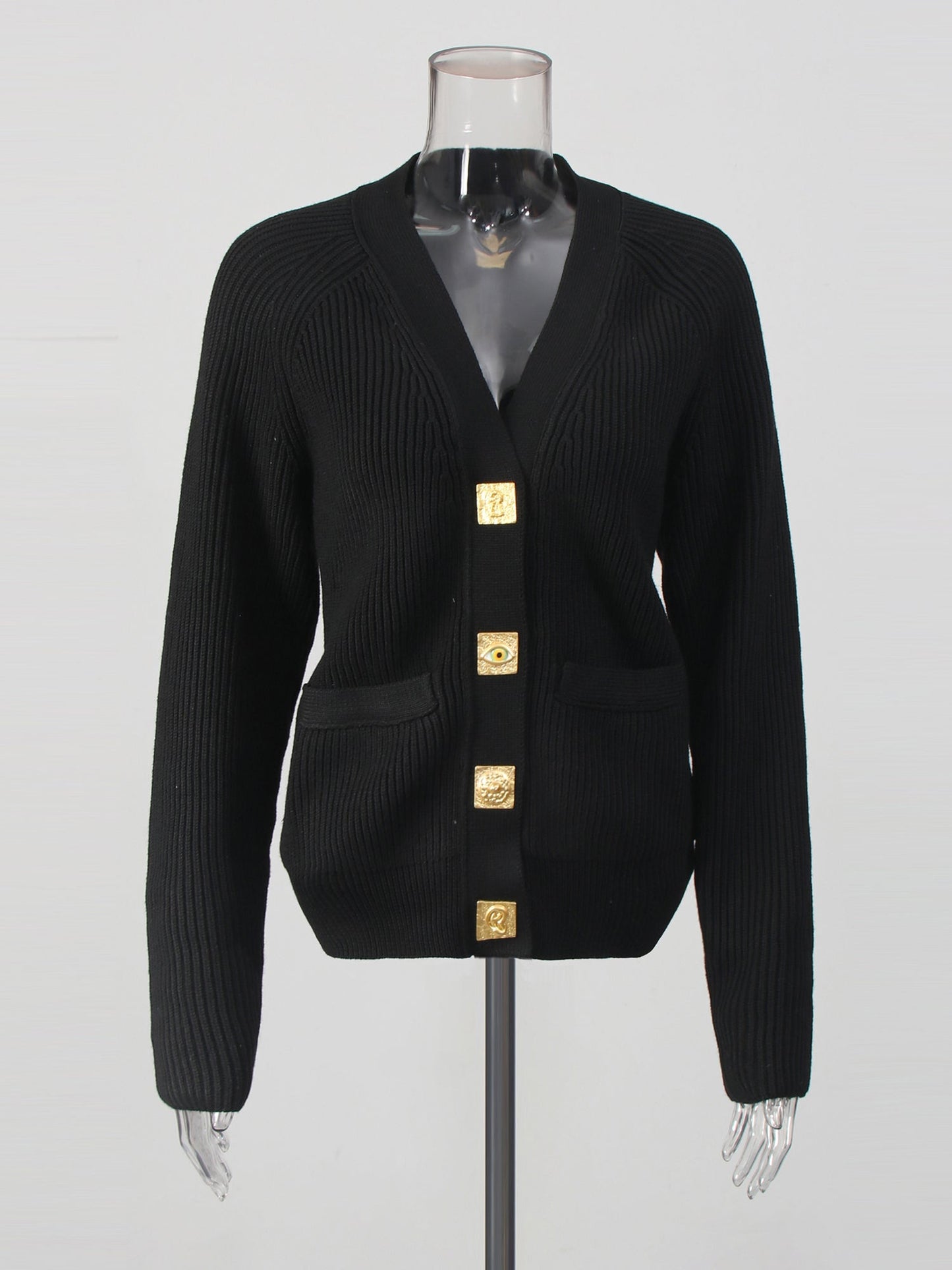 Black Ribbed Cardigan with Ornate Gold Buttons - SISPELL