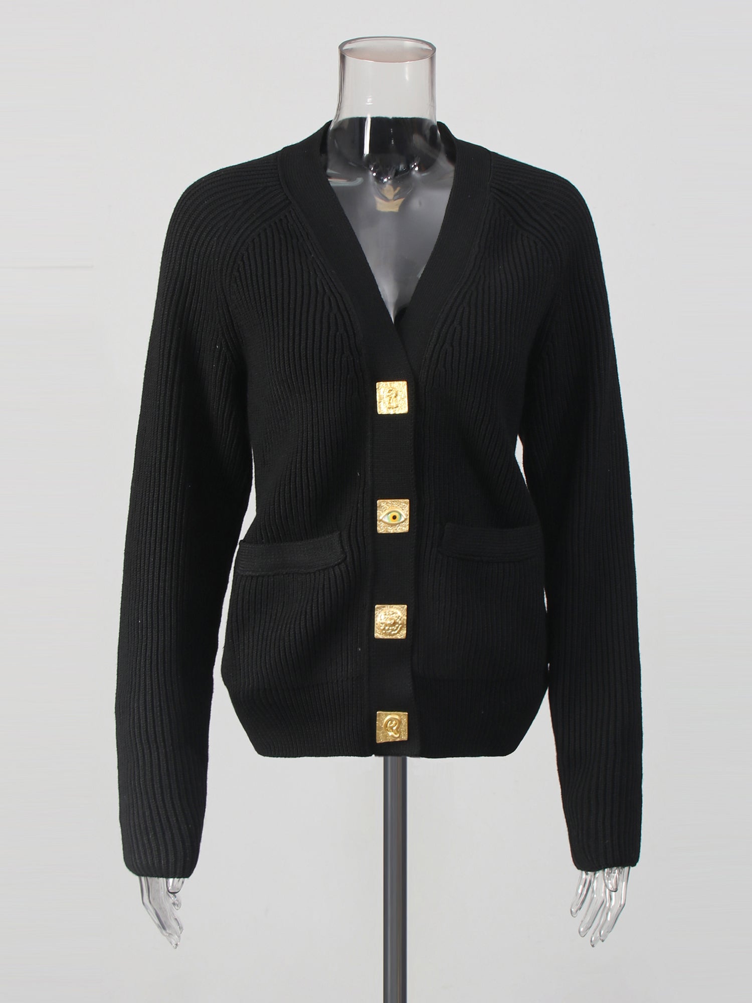 Black Ribbed Cardigan with Ornate Gold Buttons - SISPELL