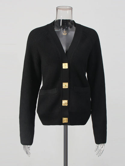 Black Ribbed Cardigan with Ornate Gold Buttons - SISPELL
