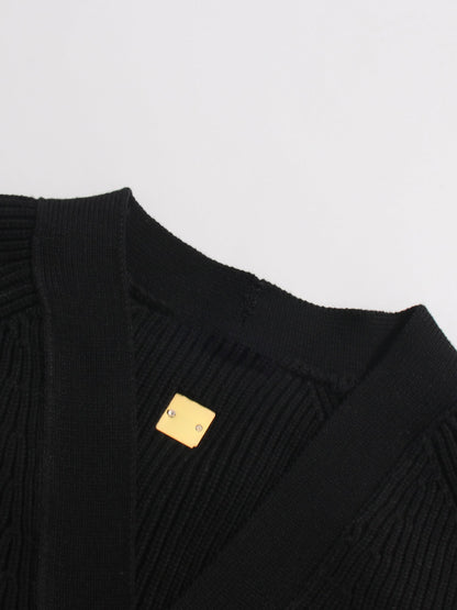 Black Ribbed Cardigan with Ornate Gold Buttons - SISPELL