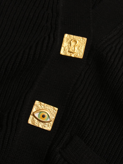 Black Ribbed Cardigan with Ornate Gold Buttons - SISPELL