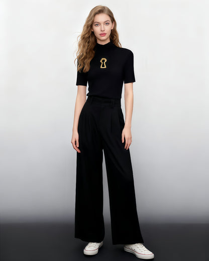 Black Ribbed Knit Top with Gold Keyhole Cutout - SISPELL