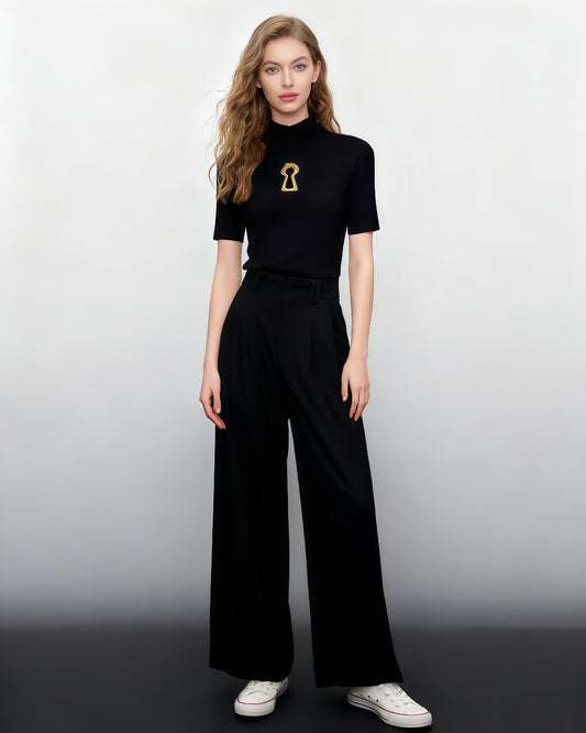 Black Ribbed Knit Top with Gold Keyhole Cutout - SISPELL