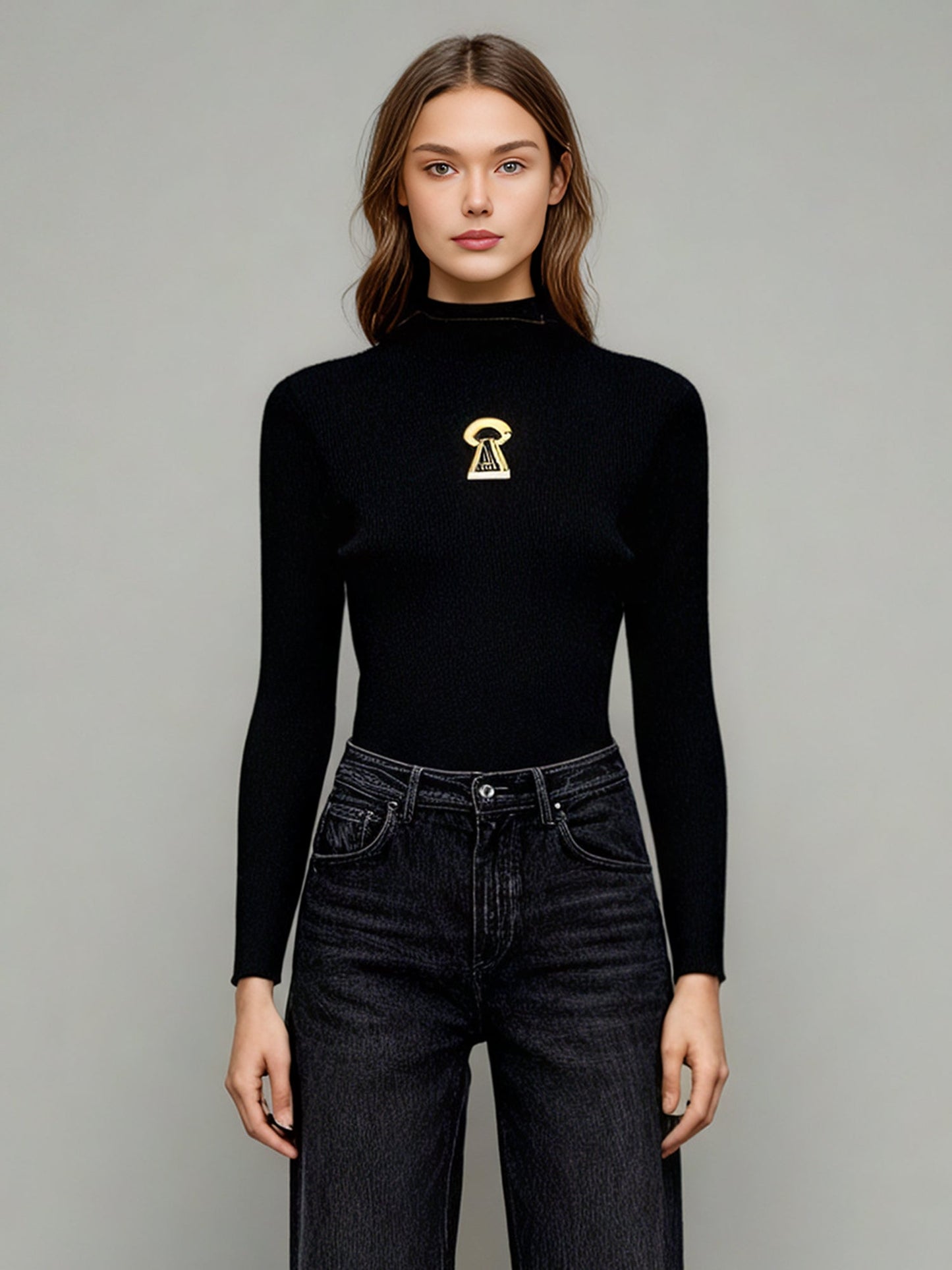 Black Ribbed Sweater with Gold Keyhole Embellishment - SISPELL
